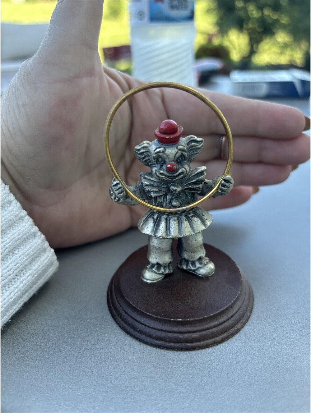 George Good Painted Pewter Circus Clown Figurine Hoop Red Hat Wood Stand